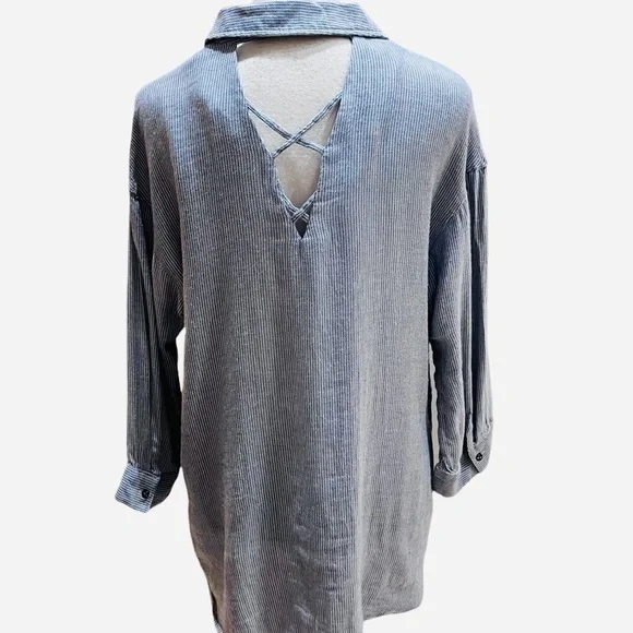 William Rast Blue Chambray Ticking Striped Pullover Top 3/4 Sleeves Sz M - Picture 5 of 11